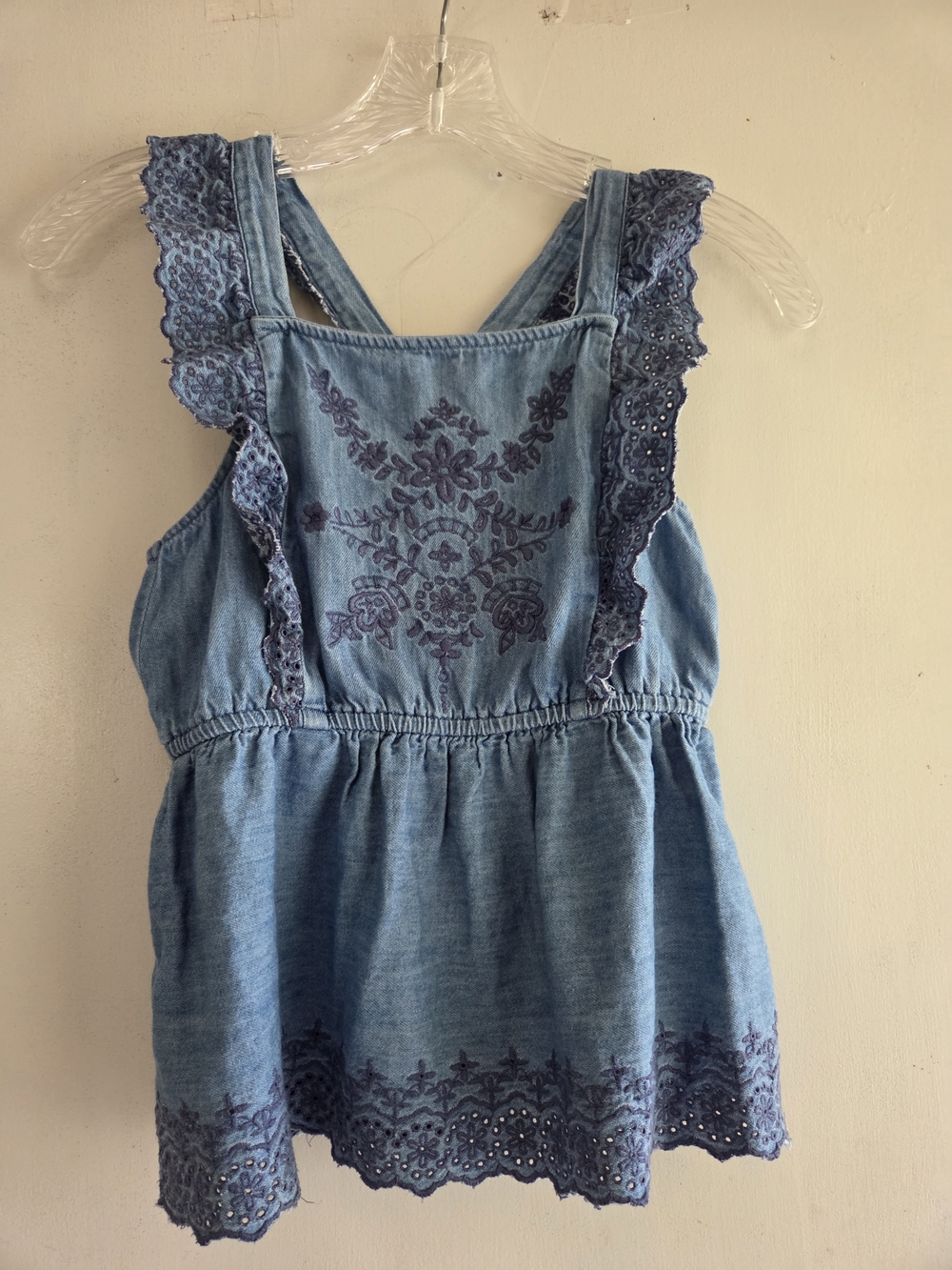 Old Navy Girls Blue Denim Embroidered EUC Sz 10-12 Crop Top